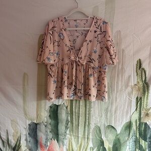 Floral and Blush Deep V Tie Front Blouse